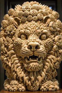 a chinese lion head sculpture that is made of only mushrooms and fungi
