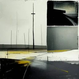 Minimal contemporary abstract oil paintings of desolate 1960s carpark with road markings and concrete fragments. Lone figure. Overlay with grungy typography graphics. style of Justin Mortimer and Francis Bacon.