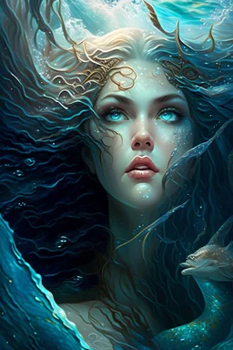 An enchanting portrait of a mythical siren, her alluring gaze inviting the viewer into the depths of the ocean, as waves crash and sea creatures frolic around her.
