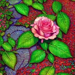 the most stunning, iridescent rosebush, leaves, cobblestone path, garden, vibrant, intricate, ultra-fine detail, 8k, sharp, crisp, high-quality, 3d, realistic, digital art, brian froud, howard lyon, selina french, anna dittmann, annie stokes, lisa parker, greg rutowski, alphonse mucha