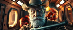 air brush 3d with pen outline,seasoned handsome gunslinger western fluffy elder edgy hero with slightly glowing eyes in front of glistening space lobster dog, shallow depth of field, warm lantern, pin hole cam in doll house space ship, bottom floor board edge border