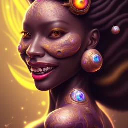 Portrait of black woman psychedelic pikachu, smiling, sango fantasy, fantasy magic, intricate, sharp focus, illustration, lot's of grain on the skin, tribal tatoos,highly detailed, digital painting, concept art, matte, masterpiece, one head, high key lighting, volumetric light high details psychedelic background