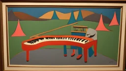 Lonely pianist, folk art surreal; mid-20th century naive art, abstract,