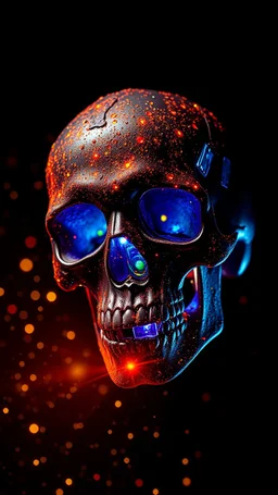 skull covered in corrosion from a black background, bright, brilliant colors, sparkling lights, glittering gold, vibrant light, the image should move