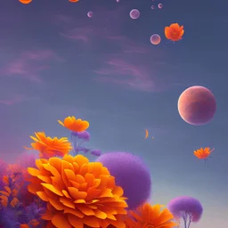 silhouette, monde en fleurs, concept art, crépuscule , bleu oranger, vibrant Color, réaliste