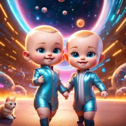 (masterpiece, best quality, 8k, RAW photo, beautiful and aesthetic:1.2), complex detail, Indirect light, photorealistic, (((full body))), 2 Cosmic Boss Baby style, bald boy and girl smiling, long curved blonde hair , with a ginger cat companion, colorfull Sci-Fi environment