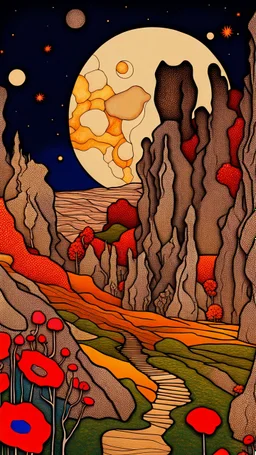 Many colors, peaceful, Egon Schiele, Max Ernst, night sky filled with galaxies and stars, rock formations, trees, flowers, one-line drawing, sharp focus, 8k, deep 3d field, intricate, ornate, one million strokes