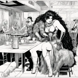 #5 Original Art by Howard Chaykin (Vortex Comic, 1988): In a bustling café, the Wounded Gallic Warrior and the woman resembling the Sleeping Hermaphrodite find solace amidst the chaos of the modern world. His tattered armor and fur-lined cloak clash with the contemporary setting, drawing curious glances. Her flowing garments blend seamlessly with both ancient and modern realms. Their eyes meet, conveying determination and empathy. The warrior confesses his struggle with the unfamiliar surroundin