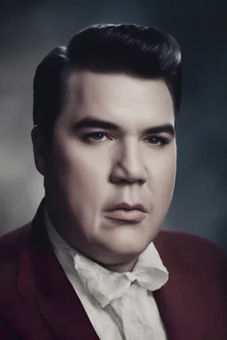 facial portrait - Elvis W.C. Fields - 32k, UHD, 1080p, 8 x 10, glossy professional quality digital photograph - dark blue and dark red, and light maroon and purple and foggy black gradated background, historic, powerful, octane rendering, exquisite detail, 30 - megapixel, 4k, 85 - mm - lens, sharp - focus, intricately - detailed, long exposure time, f8, ISO 100, shutter - speed 1125, diffuse - back - lighting, ((skin details, high detailed skin texture)), (((perfect face))),