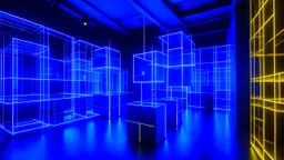 Minimalist cubic interior space illuminated with neon lights in blue and gold tones where characters of different kinds swarm.