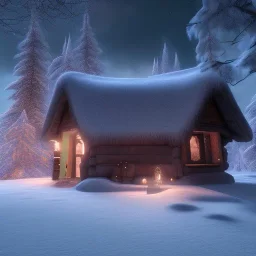 Mysterious christmas night, a small lonely hut, surreal atmosphere, cosmic backdrop, celestial ambience, soft lighting, very chilly appearance of the surroundings, unreal engine 5 volumetric lighting, intricate details, realistic style, 8k resolution