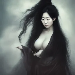 A portrait of a beautiful curvaceous japanese woman samurai with long straight curly black hair, sorceress, magical, ethereal, intricate, sharp lighting, misty. Painting, high quality, Ultra quality 8k.