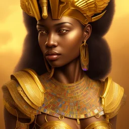 young african woman, short dark hair with golden highlights, ancient ((Egypt)),whole body, ancient armor, lion, golden jewelry, kente, flames as clouds, magnificent, majestic, highly intricate, incredibly detailed, ultra high resolution, complex 3d render,