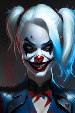 Harley Quinn, black suit, white hair and blue and red details on it, evil smile