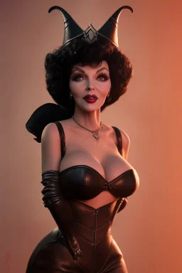 Joan Collins as evil queen in black leather, leather, busty, cleavage, angry, stern look. character design by cory loftis, fenghua zhong, ryohei hase, ismail inceoglu and ruan jia. unreal engine 5, artistic lighting, highly detailed, photorealistic, fantasy