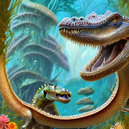 beautiful, stunning paleoart of masosaurus with alligator head, eel body and fins, swimming underwater, coral reefs, plants, in the style of eleanor kish, davide bonadonna, julius csotony, fabio pastor, wide field of view, Masosaurus, photorealistic, illustrative, digital art, 8k resolution, detailed matte, painting, artwork, deviantart