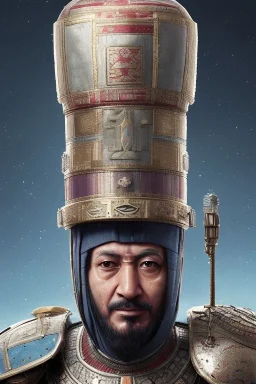 Ottoman Empire sultan head portrait, warrior armor , village, meditation, woods, galaxy sky, 8k quality , portrait,beautiful robotic ,ghost in the shell , post-apocalyptic in a cyberpunk city, realistic, intriacte detail, sci-fi fantasy style, volumetric lighting,24mm , particales,highly detailed,cinematic, deep purple , green eyes .