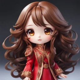 close-up headshot of a chibi girl with long brown hair, vibrant red eyes, cute, childlike, intricately detailed, masterpiece, anime chibi doll, 4k, kawaii dress