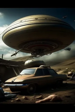 Hieronymus Bosch style nightmare huge ufo spaceship hovering above a car