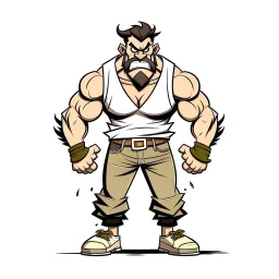 game charachter design, his name is Paulo, Brazilian,angry, full body, simple, muscled, perfectly drawn, detailed, no background,centered