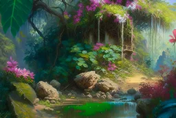 beautiful big flower tropical tree, little straw house dirty old abandoned, stream, bushes, grass and vine, small cliff, dwarf rocks, bright contrast, realistic painting, concept art, tropical forest background, hyperdetailed painting, by konstantin razumov