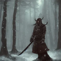 Portrait of a viking ninja, in a snowy forest by Anato Finnstark