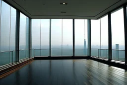 large and rectangular room on the top floor of the building, with large windows through which you can see the city's skyscrapers. diaphanous, only with columbas holding up the roof