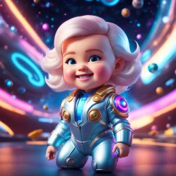 (masterpiece, best quality, 8k, RAW photo, beautiful and aesthetic:1.2), complex detail, Indirect light, photorealistic, (((full body))), Cosmic Boss Baby style smiling, Long clear curvy hair, colorfull Sci-Fi environment