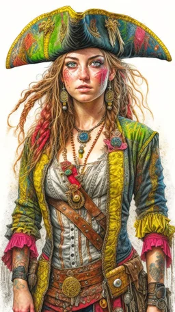 full-body beautiful woman, caribbean pirate suit, watercolor painting, perfect statuary body elegant facial features perfect eyes flawless eyes perfect hands, insanely detailed digital illustration by Carne Griffiths, 8k resolution concept art, a masterpiece trending on artstation Unreal Engine 5, deep color daz 3d render