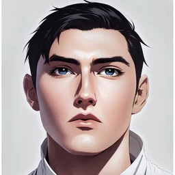 mysterious youthful Russan male, man, dark and intriguing, confident, intense, handsome, retroanime style, cartoon style, dark black short hairs, white shirt, white paint background, white man, The head looks straight ahead