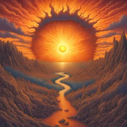 angry sun in a crazy landscape in Mark Henson art style