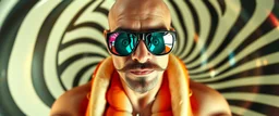 through pin hole pic camera, hot dog commercial caravan magic, blissfull genious, ultra chromatic, cyber jobe, flying yoga magic , lawn mover man movie character, portrait of upper body of cool transparent guy made with nano tape and with shades and mustache and bald head, saw blade beholder eye tyrant flating beholder kin with eyes on each saw blade tooth saying something profound, hypnotic zebra twirl background, with chrome reflections, like he is floating in a giger cartoon