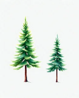 2 isolated spruce/pine trees with ground shadow, stylized graphic with watercolor