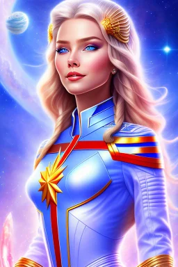 young cosmic woman admiral from the future, one fine whole face, large cosmic forehead, crystalline skin, expressive blue eyes, blue hair, smiling lips, very nice smile, costume pleiadian,rainbow ufo