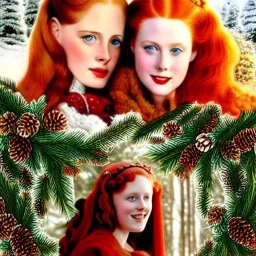 young Deborah Ann Woll and teen Robyn Lively, beautiful faces, meticulously detailed red hair; Christmas sleigh, brown horses; forest, snow, ethereal fantasy maximalist matte painting. Hues of Christmas. realistic. Victorian era, snowflakes, holly, pinecones, old fashioned, vintage, antique, beautiful, renaissance, 16k