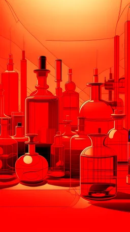 An orangish red laboratory with vials in Rayonism art style