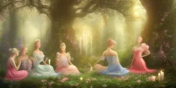 group of beautiful ladies in colourful dresses meditating in an enchanted forest with a spring at night, candles in the trees