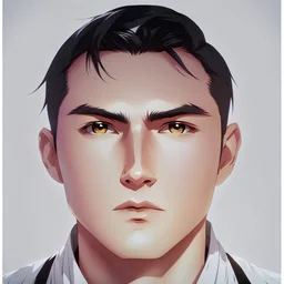 mysterious youthful Russan male, man,A man's face, dark and intriguing, confident, intense, handsome, anime style, retroanime style, cool style, dark black short hairs, white shirt, white paint background, white man, black brown eyes, middle lips, A small smile, The head looks straight ahead