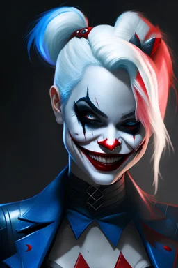 Harley Quinn, black suit, white hair and blue and red details on it, evil smile