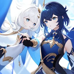 Clear Focus, High resolution, Genshin, white fluffy medium hair, blue eyes, dark blue sleeveless crop top, cut sleeves are white for the main color and secondary color is dark blue, wearing a short white skirt, wearing black fingerless gloves, golden antlers, Line art