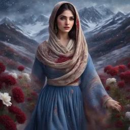 Hyper Realistic Gorgeous-Young-Pashto-Women-with-beautiful-eyes whirling wearing blue-grey-dress & beige-shawl-with-maroon-embroidery on mountains-with-flower-garden at snowfall night withy dramatic & cinematic ambiance