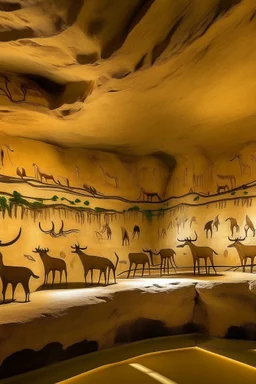 A tan coliseum filled with moose designed in cave paintings