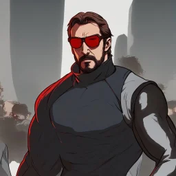 a young man with big muscles who looks like hans gruber wearing a turtleneck and red sunglasses staring with an angry look on his face