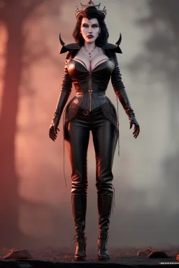 Amy Dumas as evil queen in black leather, leather, busty, cleavage, angry, rage, stern look. character design by cory loftis, fenghua zhong, ryohei hase, ismail inceoglu and ruan jia. unreal engine 5, artistic lighting, highly detailed, photorealistic, fantasy