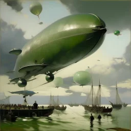 A grayish green sky with airships painted by John Singer Sargent