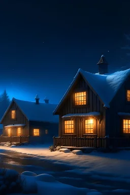 Arrière-plan Une scène nocturne d'hiver sereine dans une, où les maisons traditionnelles au toit de chaume sont recouvertes de neige. La lueur chaleureuse des lumières provenant des fenêtres suggère une atmosphère chaleureuse à l’intérieur, contrastant avec les tons bleus froids du paysage enneigé. L'obscurité du ciel nocturne et de l'environnement environnant accentue l'éclairage des maisons. Il y a un soupçon de présence humaine dans cette zone isolée, comme en témoignent l