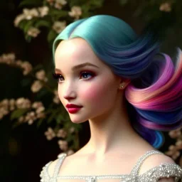 Dove Cameron's highly detailed flawless unmarked unblemished beautiful face, meticulously detailed multi-hued hair; digital painting, artstation, smooth, sharp focus, colorful illustration, art by Lisa Frank, artgerm, Greg Rutkowski, Alphonse Mucha and William-Adolphe Bouguereau, Unreal Engine 5