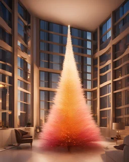 very sunny day at 11 a.m. volumetric lighting, intricate christmas eve tree with swarovski crystals in a skyscraper apartment, sophisticated composition, inspired by Mark Rothko, Benetton and Bruno Munari. inspired by Mark Rothko, Benetton and Bruno Munari. Eye-catching, vivid, product-focused, sharp focus. Cherenkov radiation color palette.