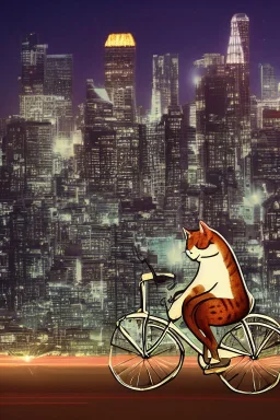 A pedaling cat riding a bicycle is flying at night over tall buildings.