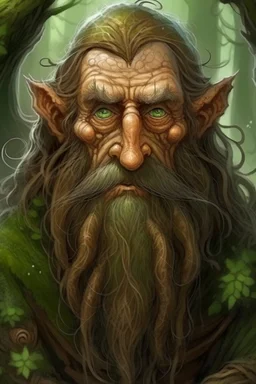 Gnom, braune lange wilde Haare, große, auffällig dicker Nase, grüne Augen, sehr jung (etwa zwanzig Jahre) , Druide, Haut wie Baumrinde, Zeichen im Gesicht, keine Falten im Gesicht, Mann